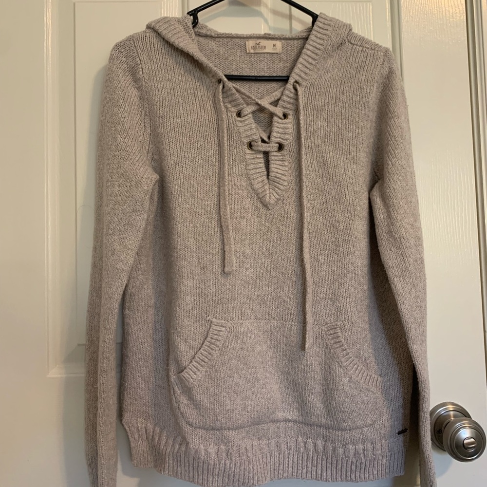Lace Up Hooded Pull Over Cream Sandy Sweater